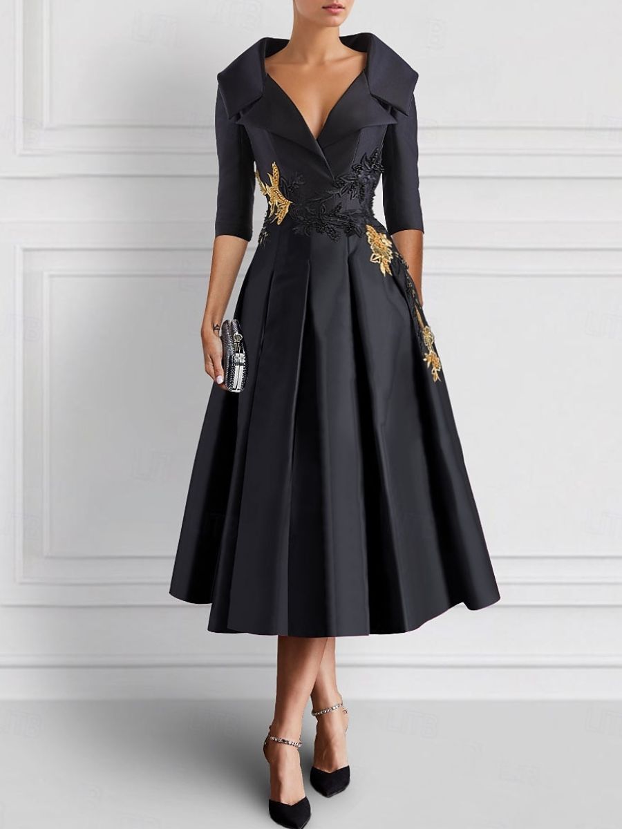 A-Line/Princess V-Neck Tea-Length Elegant Mother Of The Bride Dresses With Appliques BabaMila