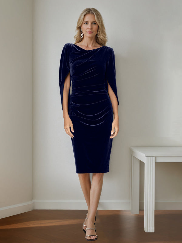 A-Line/Princess Scoop Half Sleeves Knee-Length Velvet Mother Of The Bride Dresses With Ruffles BabaMila