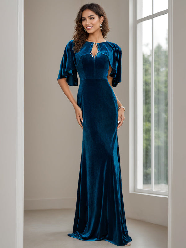 Sheath/Column Scoop Neck Half Sleeves Floor-Length Velvet Mother Of The Bride Dresses With Beading, Appliques & Sequins BabaMila