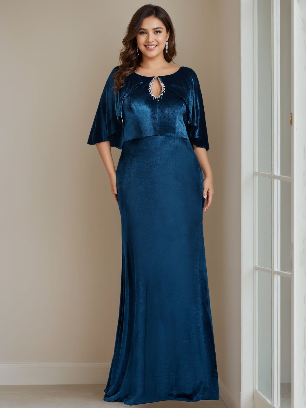 Sheath/Column Scoop Neck Half Sleeves Floor-Length Velvet Mother Of The Bride Dresses With Beading, Appliques & Sequins BabaMila
