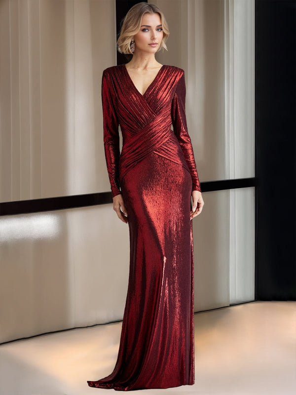 Sheath/Column Deep V-Neck Long Sleeves Floor-Length Mother Of The Bride Dresses With Crisscross Pleated BabaMila