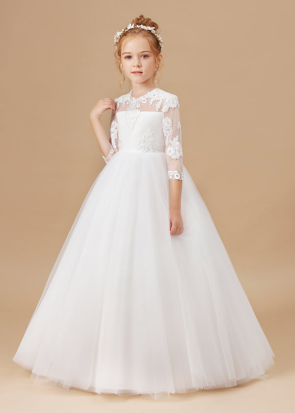 Ball Gown 3/4 Sleeve Scoop Neck Floor-Length Lace/Tulle Flower Girl Dresses/First Communion Dress With Appliques Girls Gidiondress