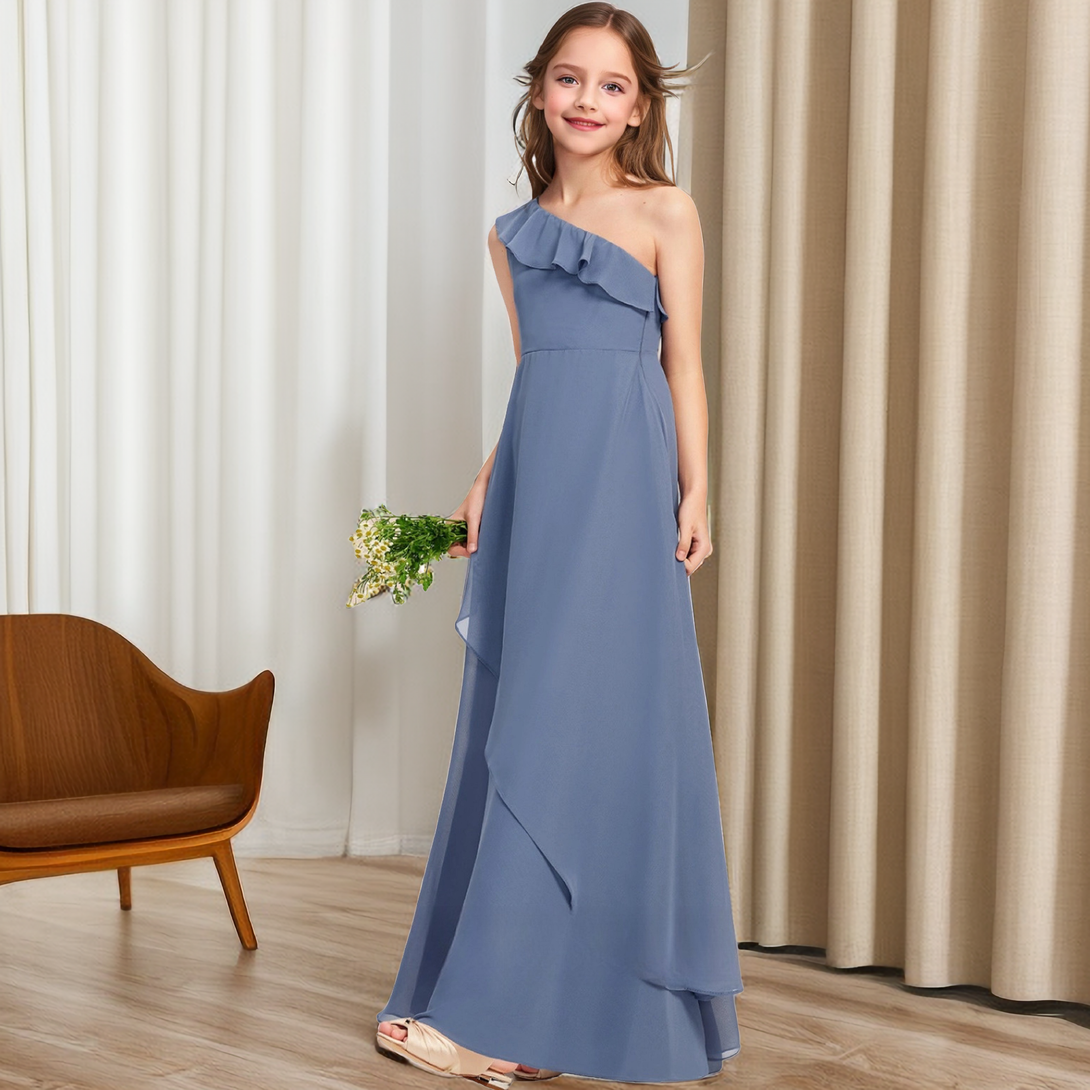 Simple One-Shoulder Sleeveless Chiffon Asymmetrical Floor-Length Junior Bridesmaid Dress/Girls Birthday Dresses With Ruffled Hem Girls Gidiondress