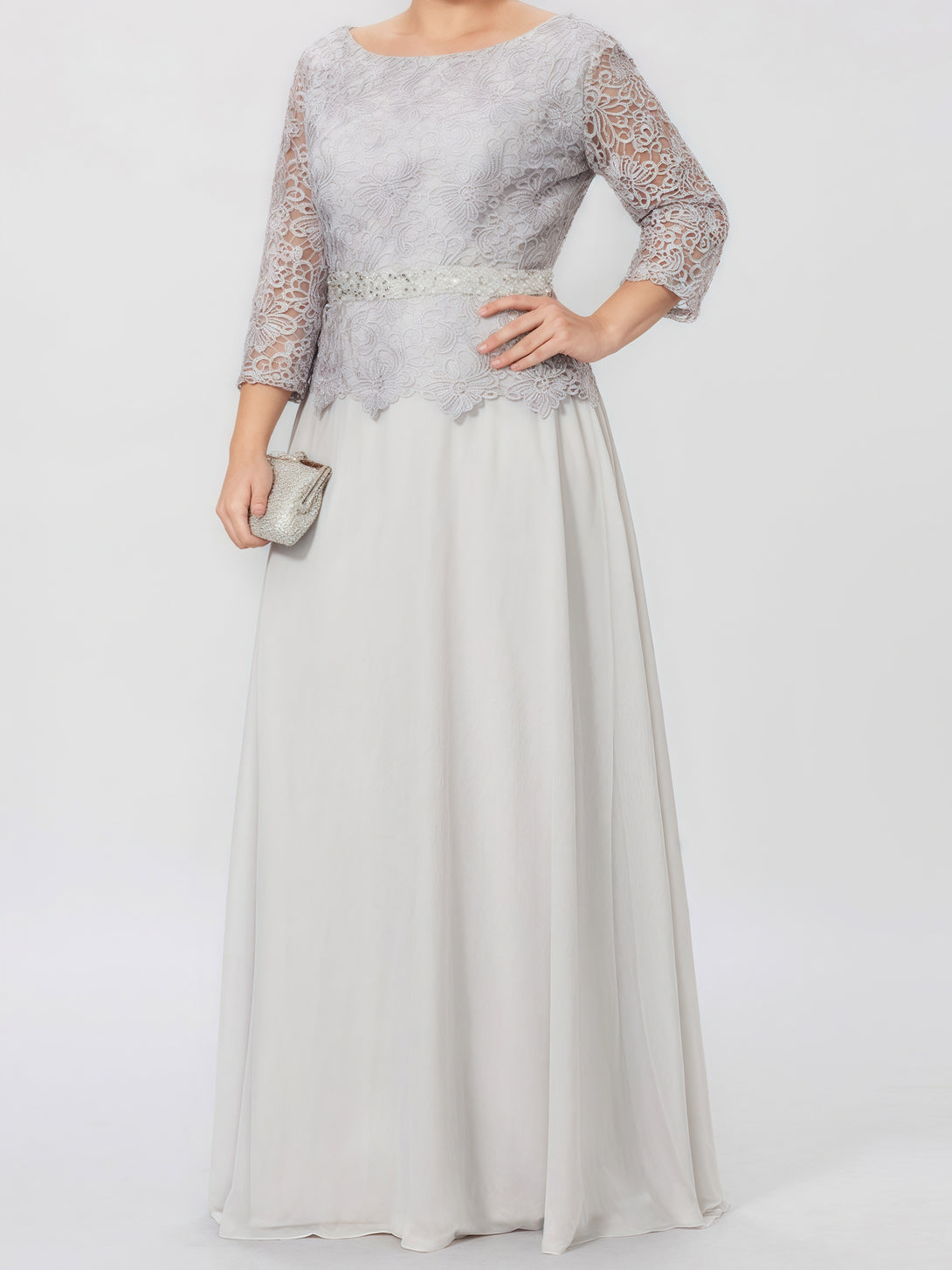 Scoop Neck 3/4 Sleeve A-Line Floor-Length Chiffon/Lace Mother of the Bride Dress With Sequins/Belt BabaMila