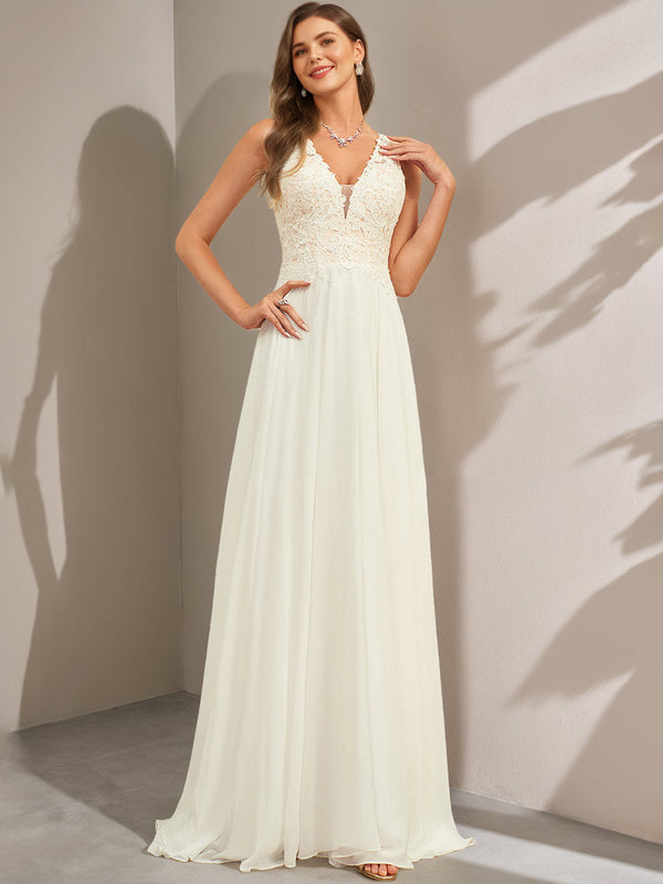 A-Line/Princess V-Neck Sleeveless Floor-Length Long Lace Wedding Dress with Appliques BabaMila