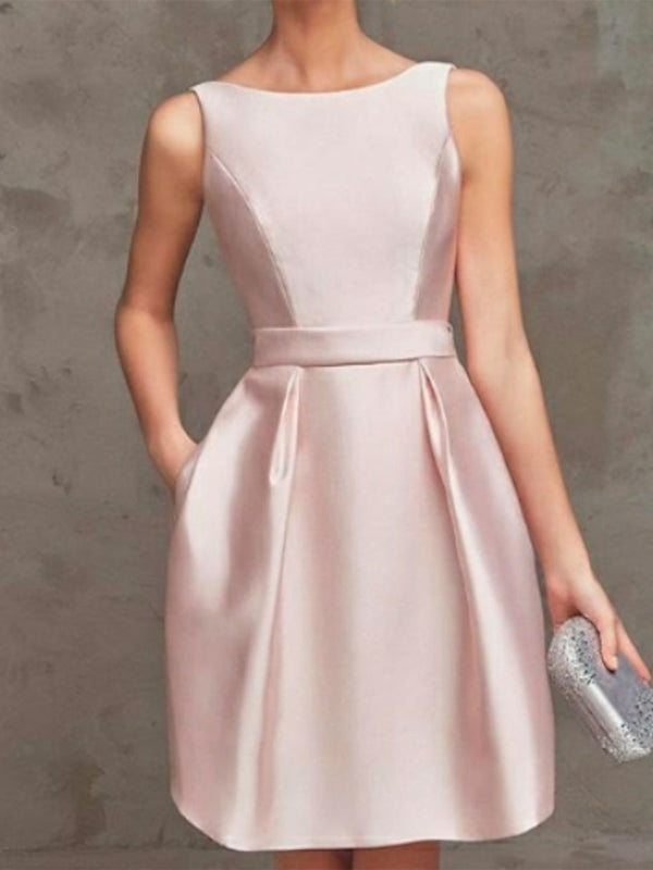A-Line/Princess Boat Neck Sleeveless Cocktail Dresses with Pleats BabaMila
