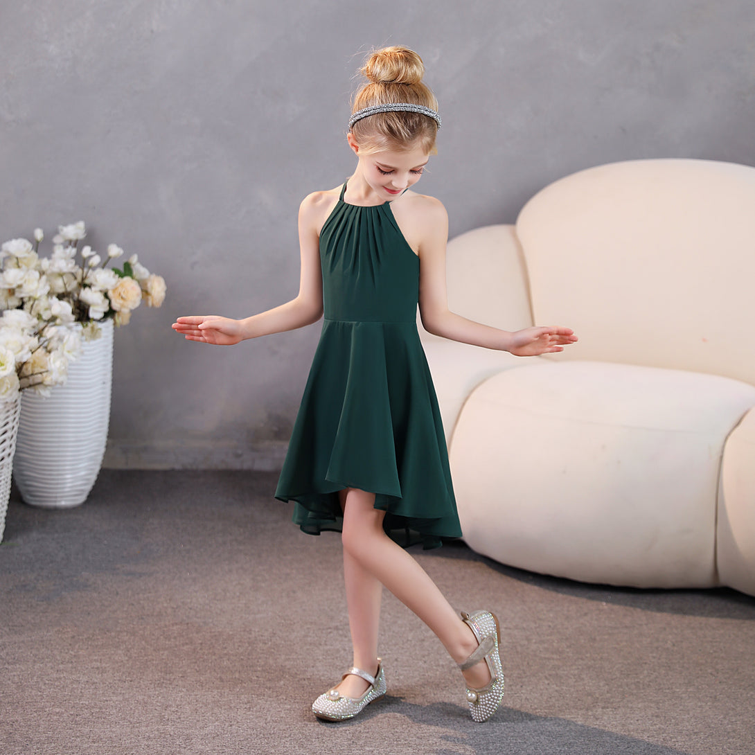 Girls Birthday Dresses Halter Spaghetti Straps Chiffon Asymmetrical Knee-Length Junior Bridesmaid Dress/Party Dresses With Pleated Gidiondress