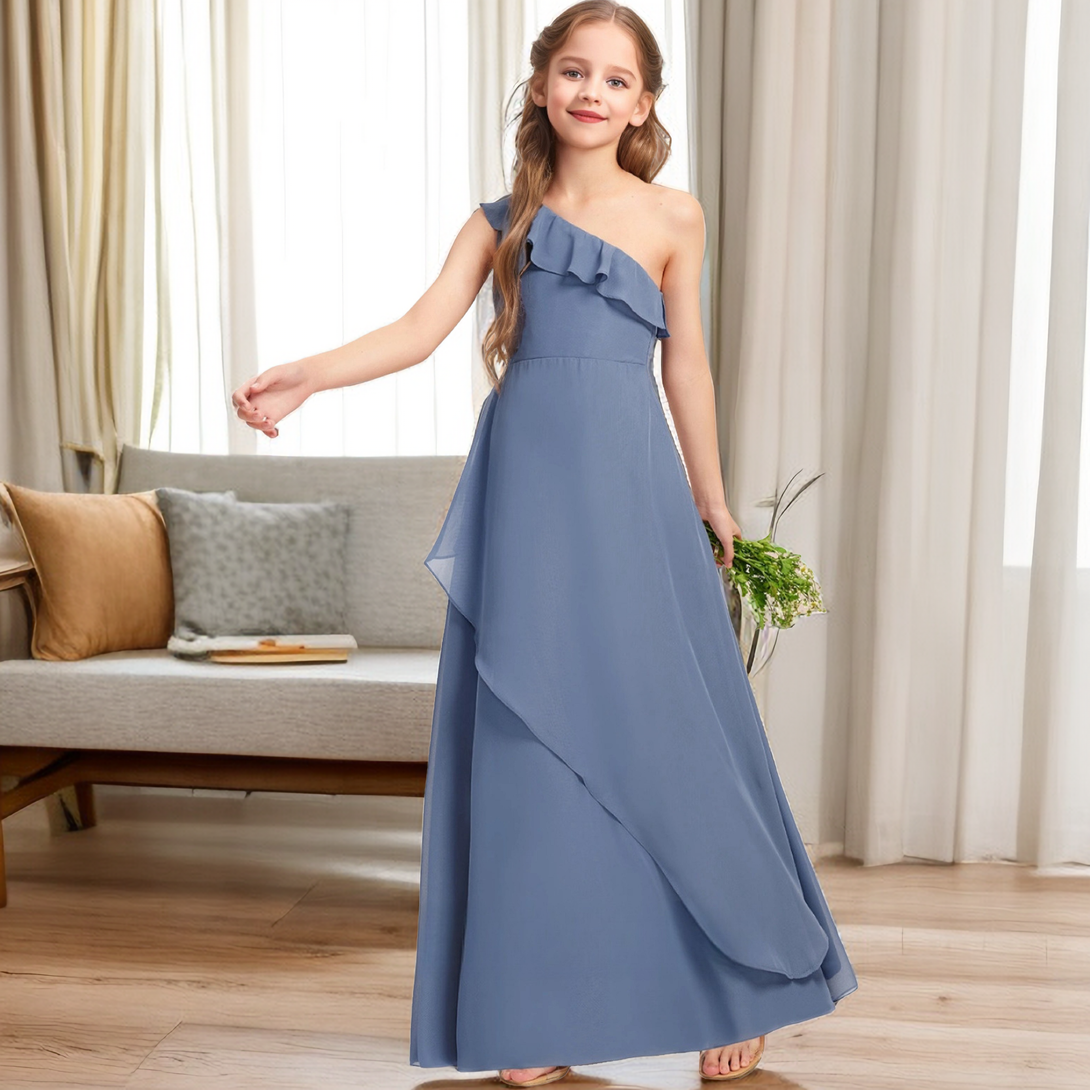 Simple One-Shoulder Sleeveless Chiffon Asymmetrical Floor-Length Junior Bridesmaid Dress/Girls Birthday Dresses With Ruffled Hem Girls Gidiondress as picture 12M