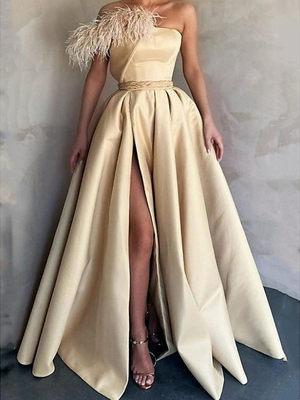 A-Line Floor Length Sleeveless One Shoulder Prom Dress Satin with Feather/Slit BabaMila