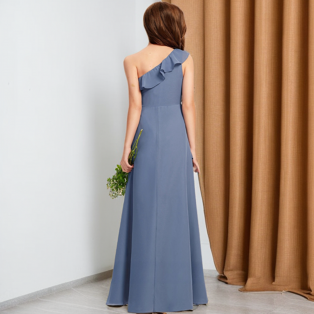 Simple One-Shoulder Sleeveless Chiffon Asymmetrical Floor-Length Junior Bridesmaid Dress/Girls Birthday Dresses With Ruffled Hem Girls Gidiondress