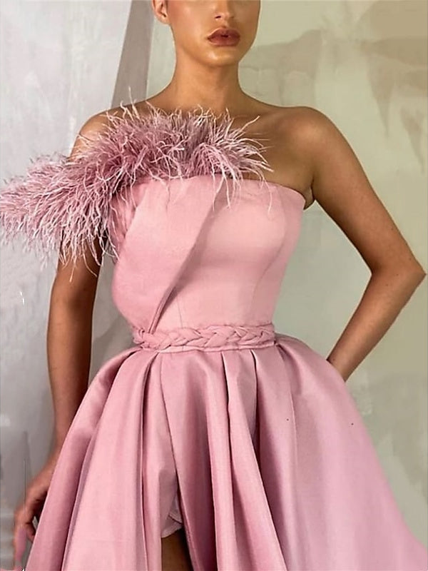 A-Line Floor Length Sleeveless One Shoulder Prom Dress Satin with Feather/Slit BabaMila