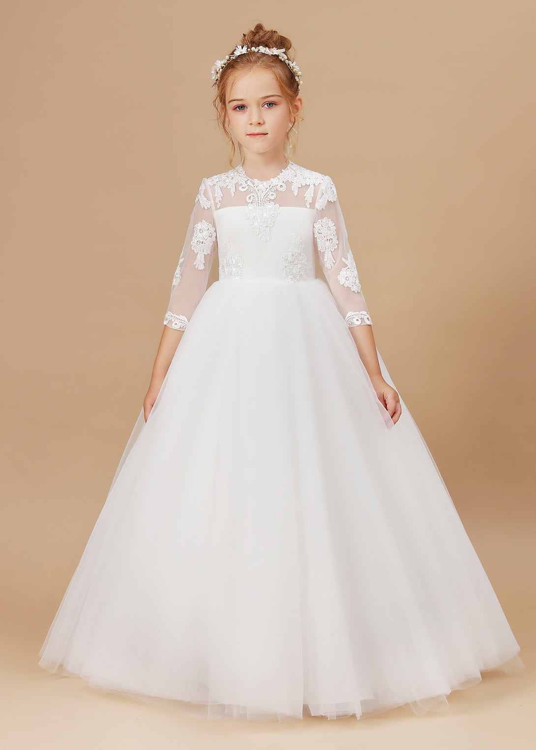Ball Gown 3/4 Sleeve Scoop Neck Floor-Length Lace/Tulle Flower Girl Dresses/First Communion Dress With Appliques Girls Gidiondress Ivory 12M