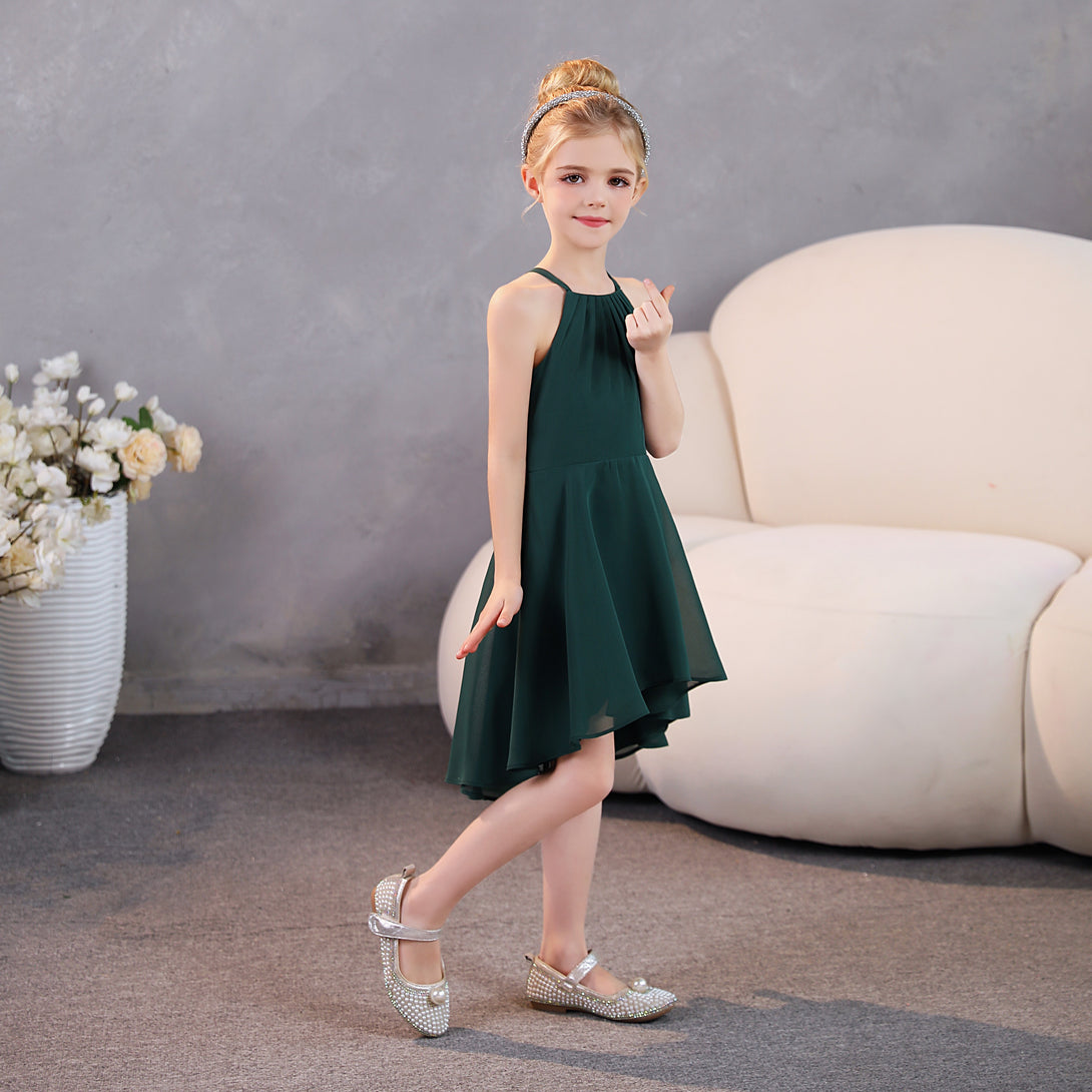 Girls Birthday Dresses Halter Spaghetti Straps Chiffon Asymmetrical Knee-Length Junior Bridesmaid Dress/Party Dresses With Pleated Gidiondress