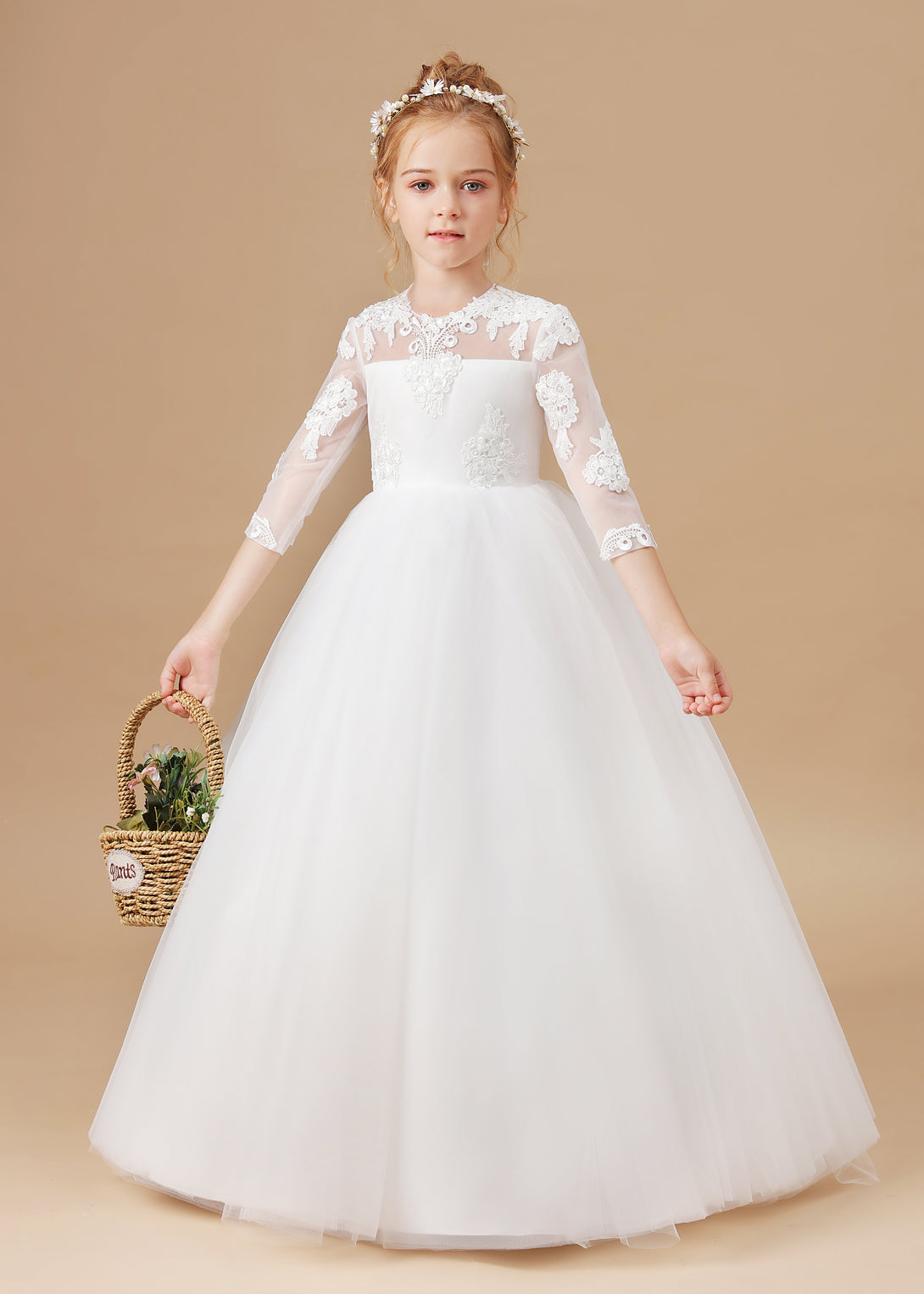 Ball Gown 3/4 Sleeve Scoop Neck Floor-Length Lace/Tulle Flower Girl Dresses/First Communion Dress With Appliques Girls Gidiondress