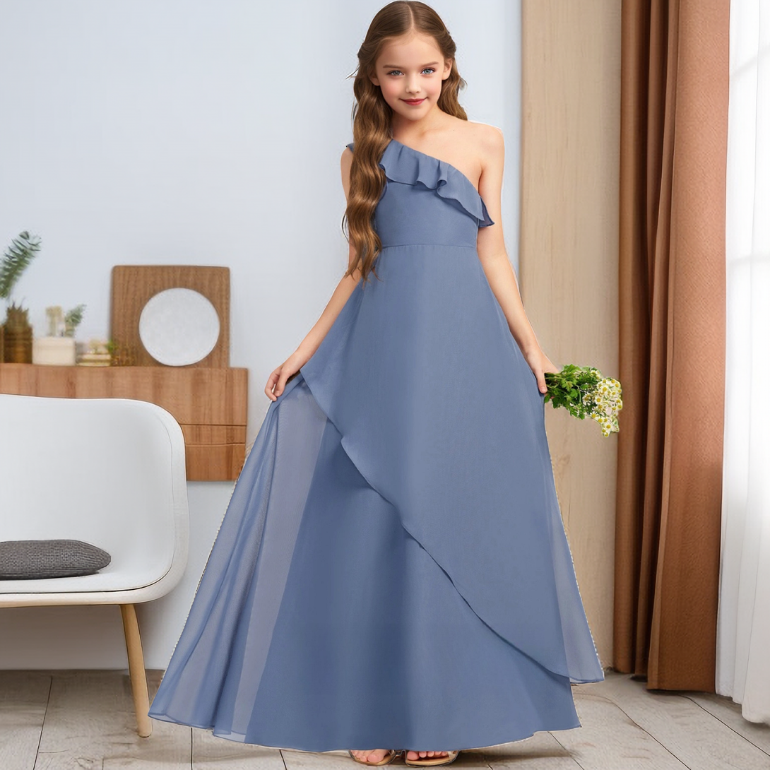 Simple One-Shoulder Sleeveless Chiffon Asymmetrical Floor-Length Junior Bridesmaid Dress/Girls Birthday Dresses With Ruffled Hem Girls Gidiondress