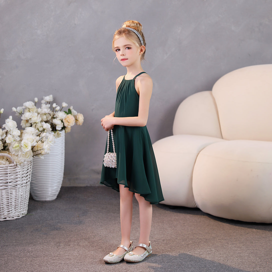 Girls Birthday Dresses Halter Spaghetti Straps Chiffon Asymmetrical Knee-Length Junior Bridesmaid Dress/Party Dresses With Pleated Gidiondress