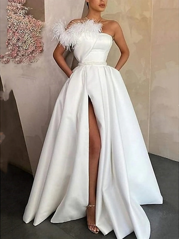 A-Line Floor Length Sleeveless One Shoulder Prom Dress Satin with Feather/Slit BabaMila