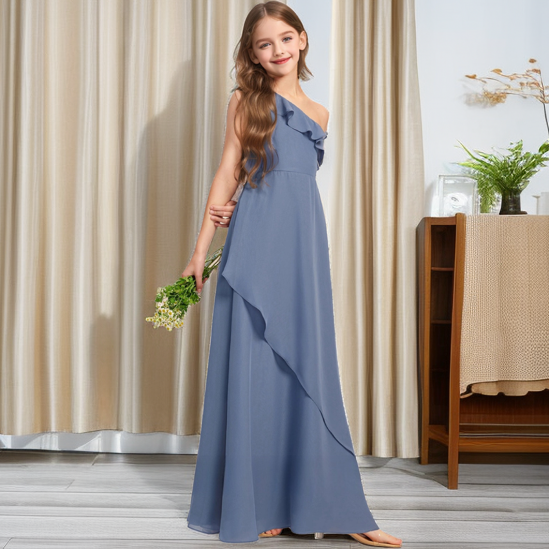 Simple One-Shoulder Sleeveless Chiffon Asymmetrical Floor-Length Junior Bridesmaid Dress/Girls Birthday Dresses With Ruffled Hem Girls Gidiondress