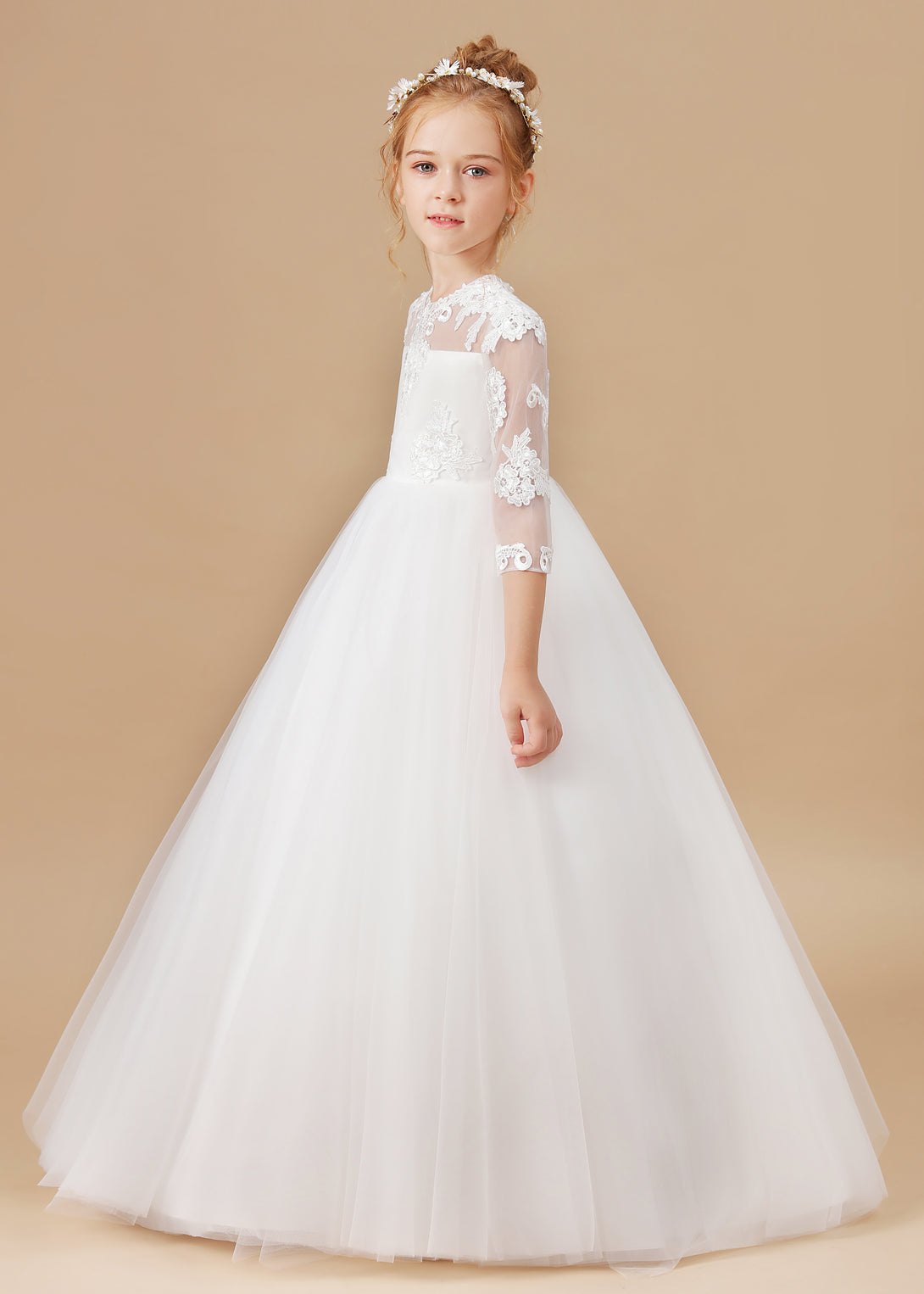 Ball Gown 3/4 Sleeve Scoop Neck Floor-Length Lace/Tulle Flower Girl Dresses/First Communion Dress With Appliques Girls Gidiondress