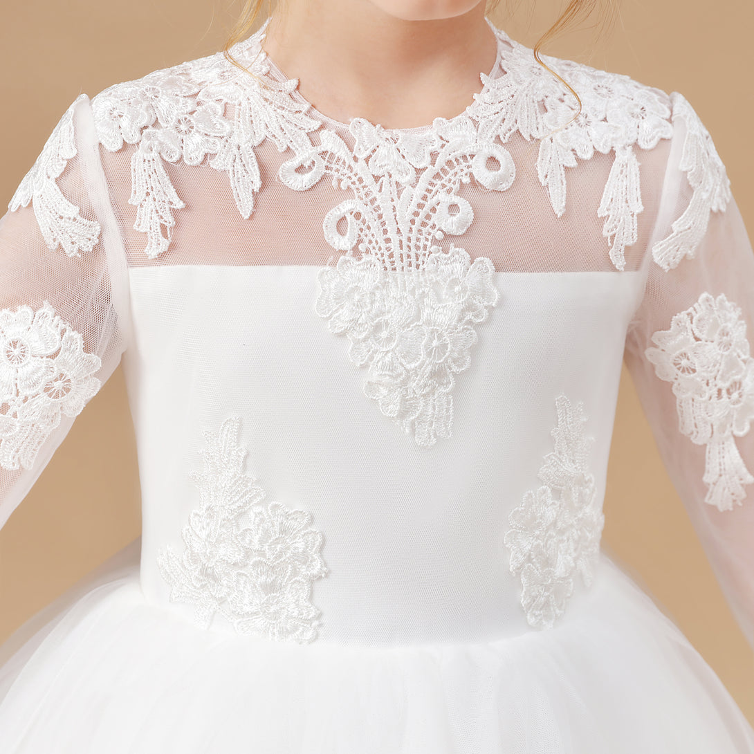 Ball Gown 3/4 Sleeve Scoop Neck Floor-Length Lace/Tulle Flower Girl Dresses/First Communion Dress With Appliques Girls Gidiondress