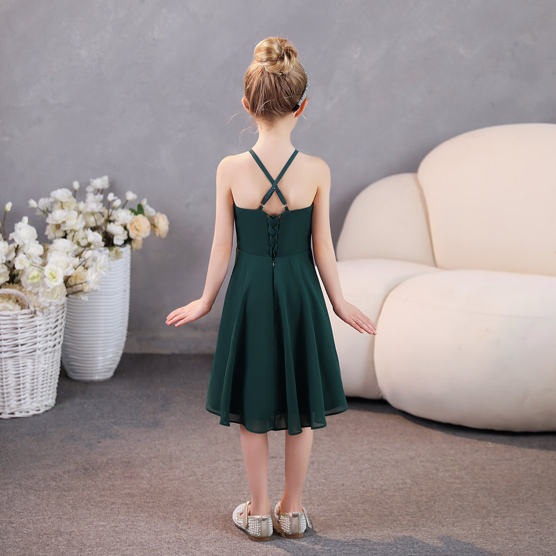 Girls Birthday Dresses Halter Spaghetti Straps Chiffon Asymmetrical Knee-Length Junior Bridesmaid Dress/Party Dresses With Pleated Gidiondress