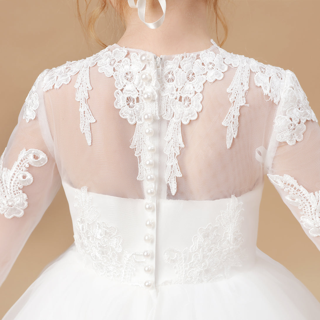 Ball Gown 3/4 Sleeve Scoop Neck Floor-Length Lace/Tulle Flower Girl Dresses/First Communion Dress With Appliques Girls Gidiondress