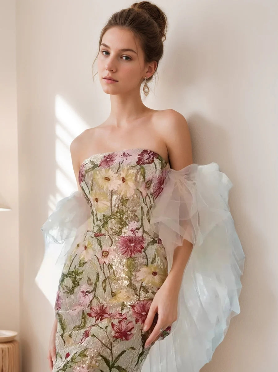 Trumpet/Mermaid Strapless Sleeveless Printed Floral Evening Dresses with Embroidery BabaMila