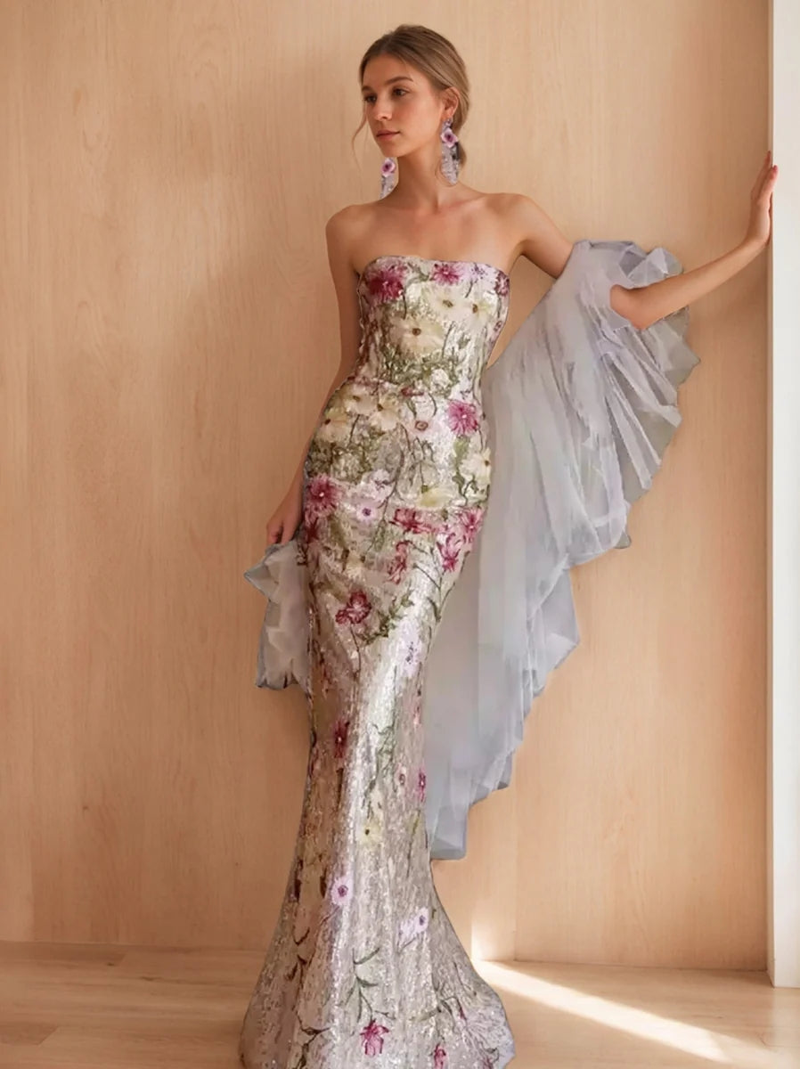 Trumpet/Mermaid Strapless Sleeveless Printed Floral Evening Dresses with Embroidery BabaMila