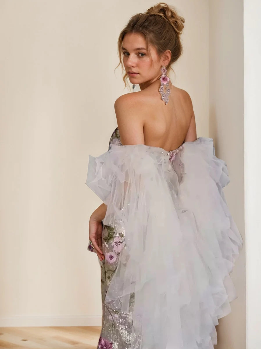 Trumpet/Mermaid Strapless Sleeveless Printed Floral Evening Dresses with Embroidery BabaMila