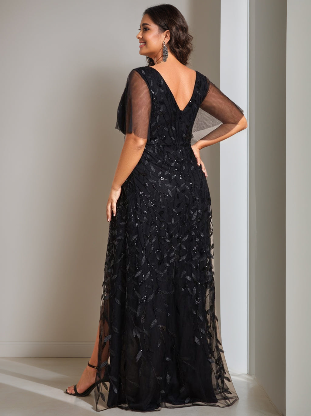 A-Line/Princess V-Neck Short Sleeves Asymmetrical Plus Size Mother Of The Bride Dresses With Sequins BabaMila