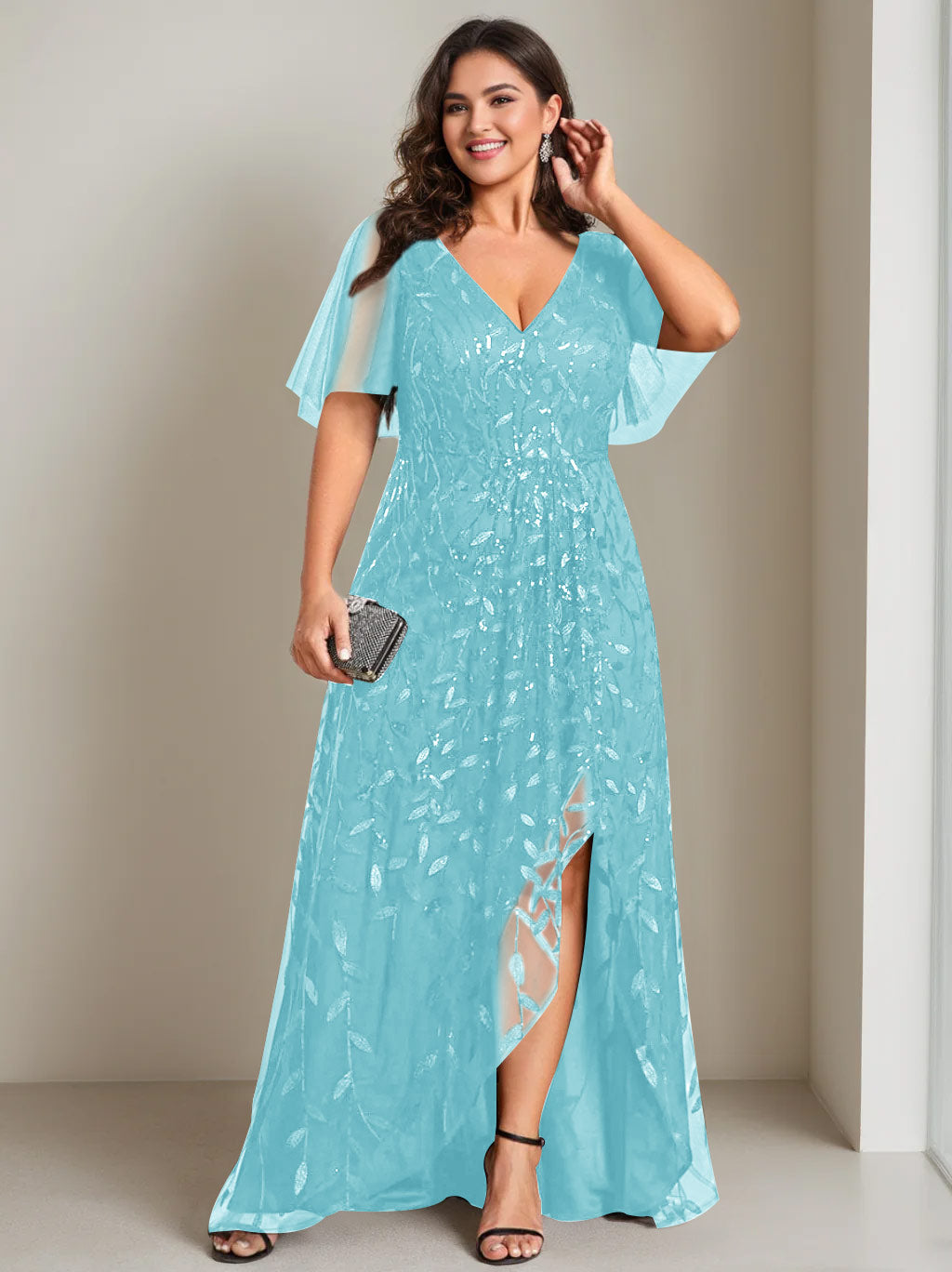 A-Line/Princess V-Neck Short Sleeves Asymmetrical Plus Size Mother Of The Bride Dresses With Sequins BabaMila