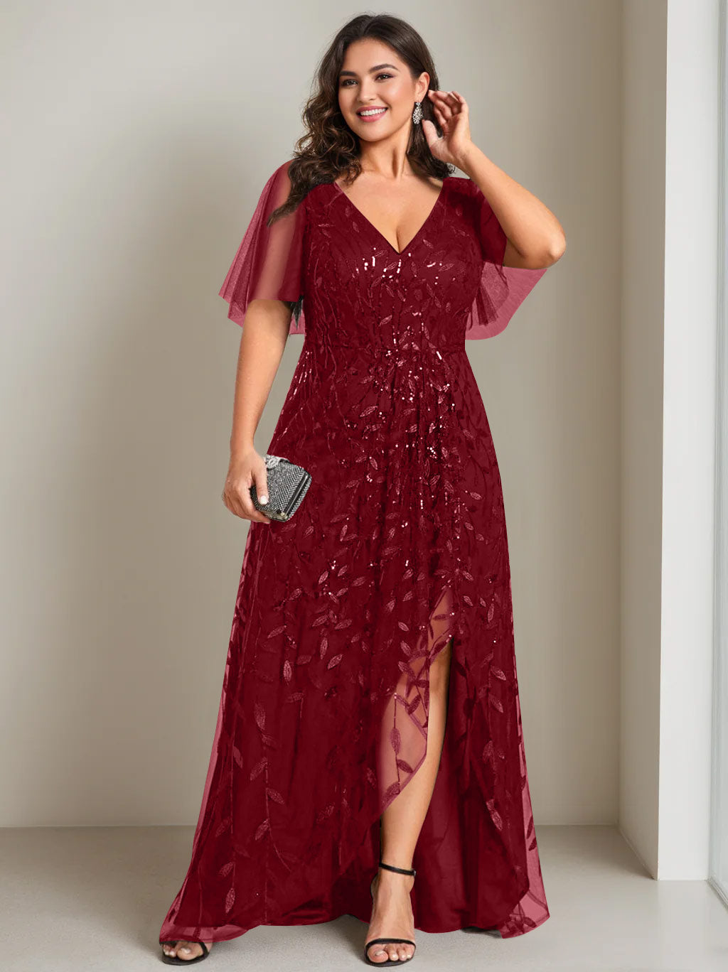A-Line/Princess V-Neck Short Sleeves Asymmetrical Plus Size Mother Of The Bride Dresses With Sequins BabaMila
