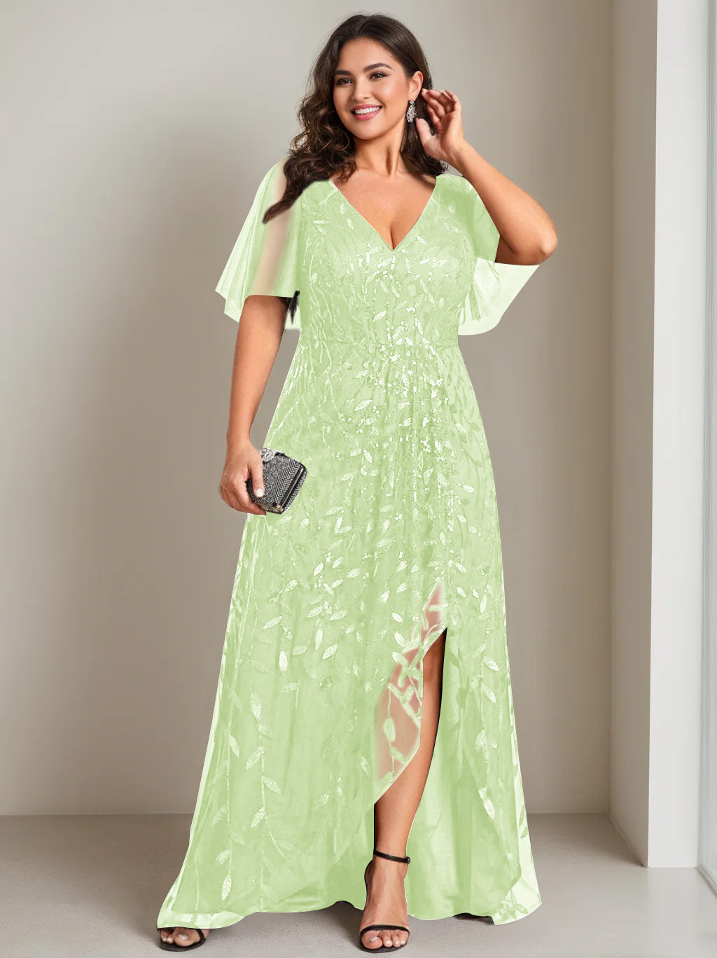 A-Line/Princess V-Neck Short Sleeves Asymmetrical Plus Size Mother Of The Bride Dresses With Sequins BabaMila