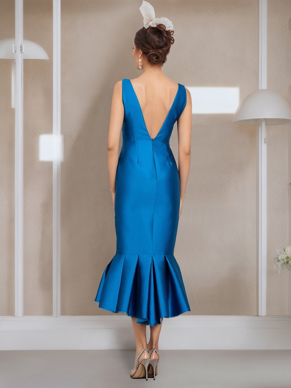 Mermaid/Trumpet Jewel Neck Half Sleeves Tea-Length Mother Of The Bride Dresses With Buttons BabaMila