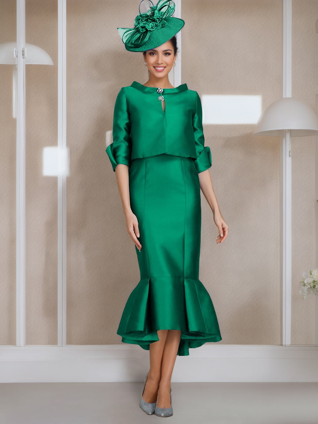 Mermaid/Trumpet Jewel Neck Half Sleeves Tea-Length Mother Of The Bride Dresses With Buttons BabaMila