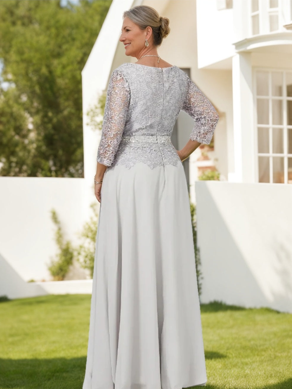 A-Line/Princess Round Neck 3/4 Length Sleeves Floor-Length Mother Of The Bride Dresses With Applique & Sequins BabaMila