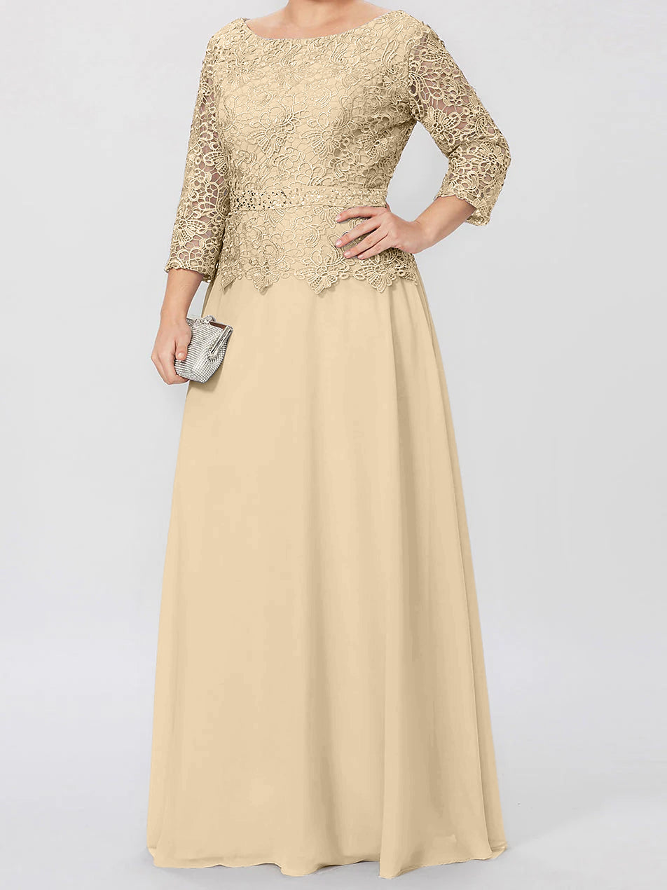 A-Line/Princess Round Neck 3/4 Length Sleeves Floor-Length Mother Of The Bride Dresses With Applique & Sequins BabaMila