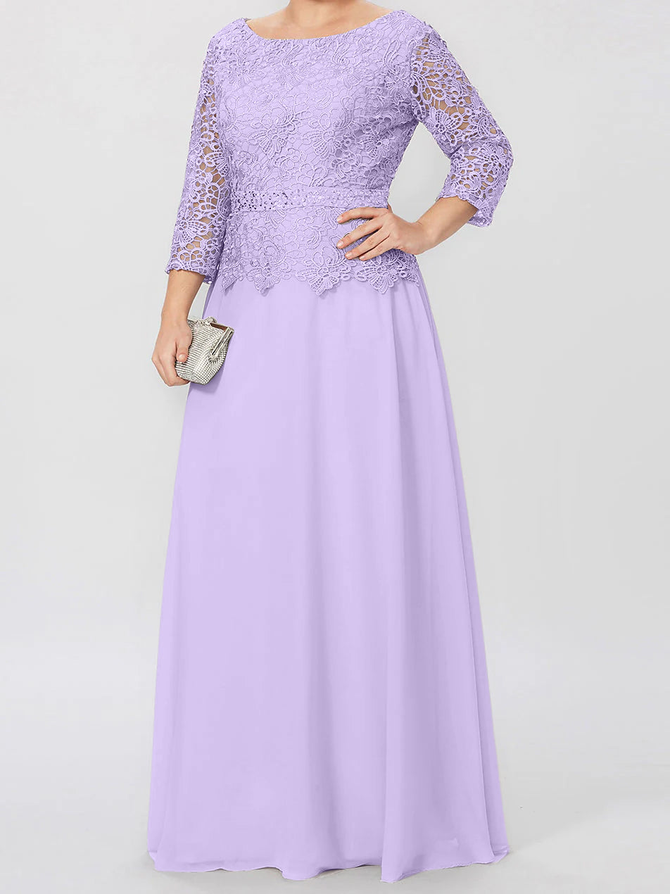 A-Line/Princess Round Neck 3/4 Length Sleeves Floor-Length Mother Of The Bride Dresses With Applique & Sequins BabaMila
