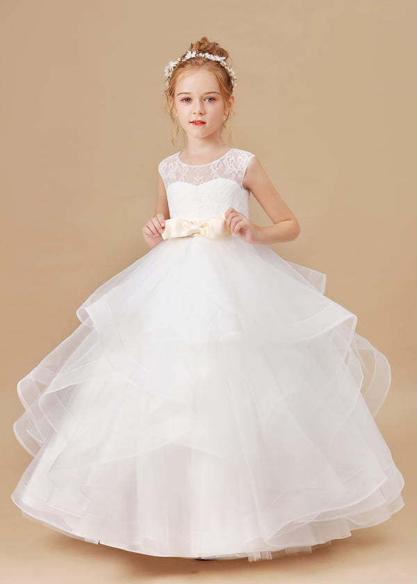 Ball Gown Sleeveless Scoop Neck Floor-Length Satin/Lace/Tulle Flower Girl Dresses/First Communion Dress With Bow/Belt Girls Gidiondress