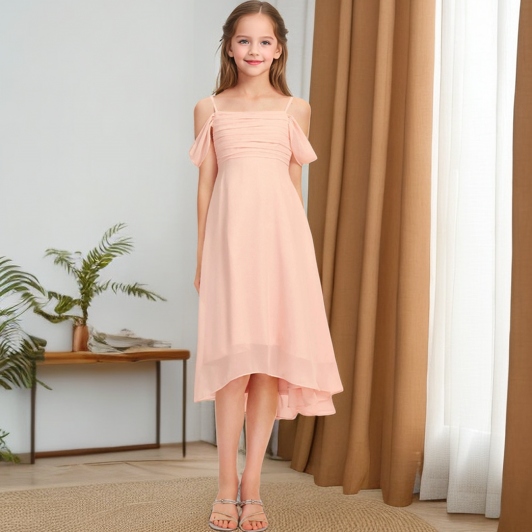 Cold Shoulder Chiffon Asymmetrical Knee-Length Junior Bridesmaid Dress/Girls Birthday Dresses With Pleated Girls Gidiondress