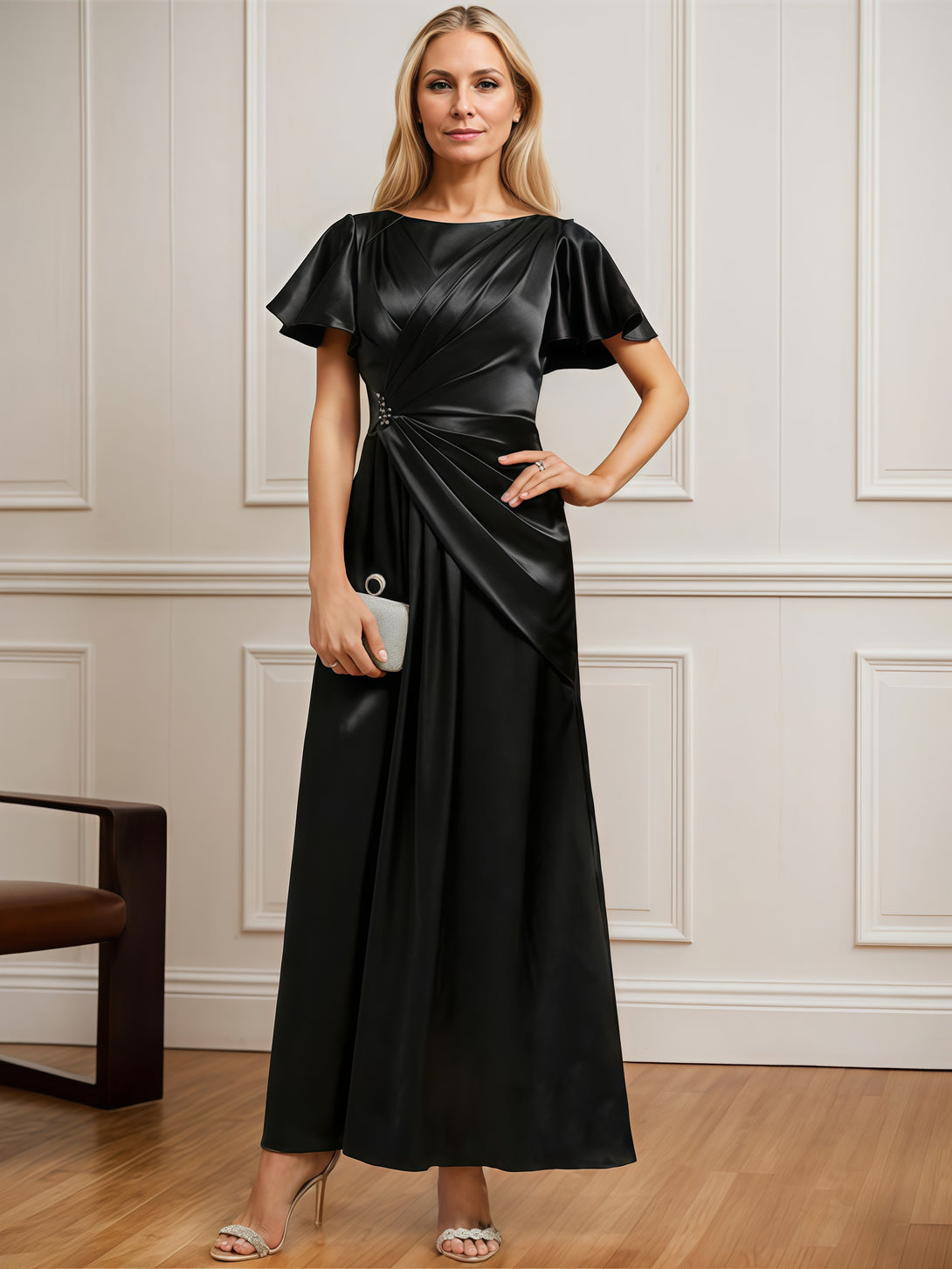 Boat Neck Flutter Straps A-Line Ankel-Length Satin Mother of the Bride Dress With Pleated/Beads BabaMila