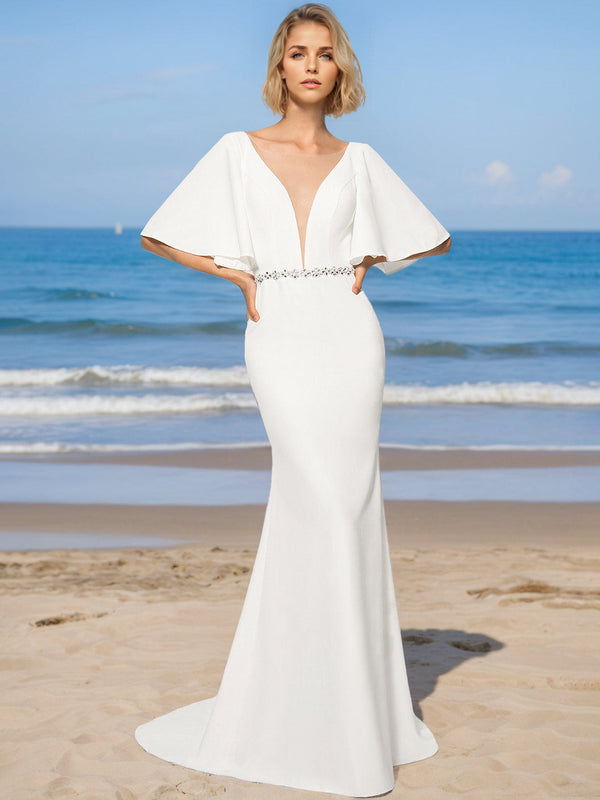 Mermaid/Trumpet V-Neck Half Sleeves Floor-Length Wedding Dresses with Sequins BabaMila
