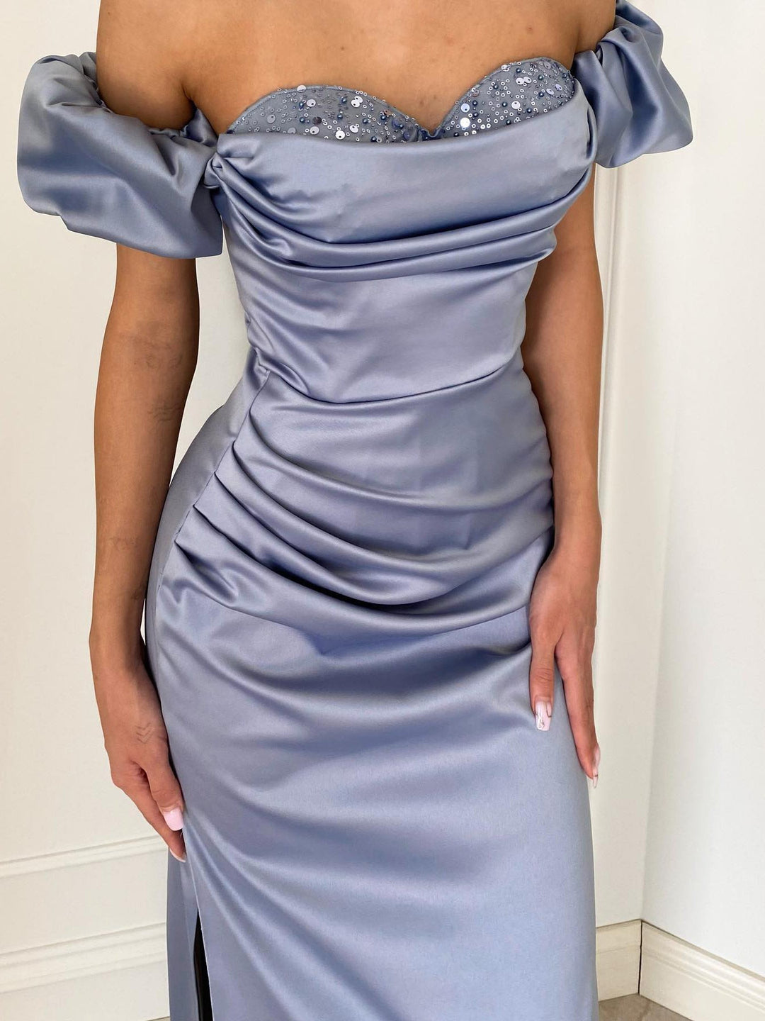Sheath/Column Off-the-Shoulder Floor-length Long Dresses With Split Side/Sequins/Ruched BabaMila