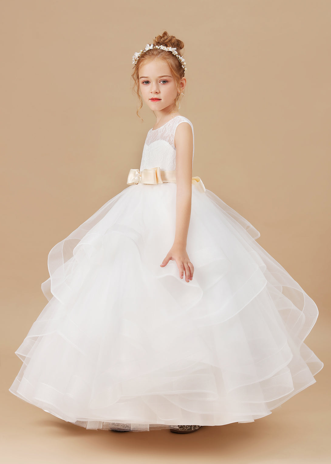 Ball Gown Sleeveless Scoop Neck Floor-Length Satin/Lace/Tulle Flower Girl Dresses/First Communion Dress With Bow/Belt Girls Gidiondress