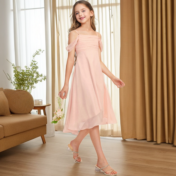 Cold Shoulder Chiffon Asymmetrical Knee-Length Junior Bridesmaid Dress/Girls Birthday Dresses With Pleated Girls Gidiondress