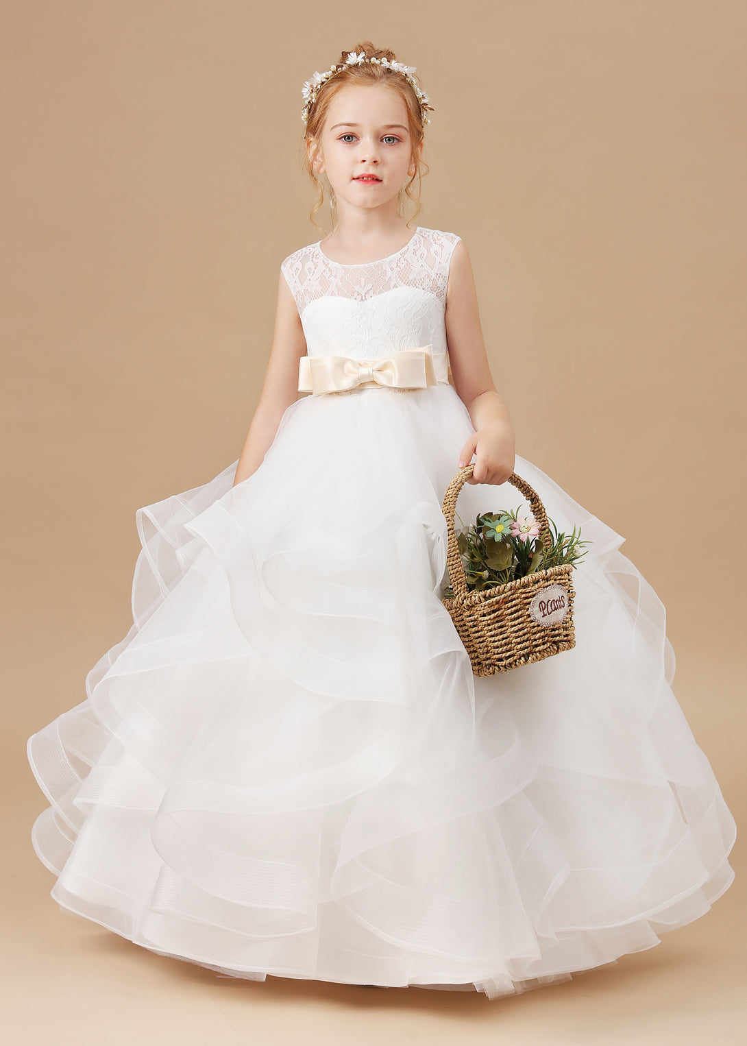 Ball Gown Sleeveless Scoop Neck Floor-Length Satin/Lace/Tulle Flower Girl Dresses/First Communion Dress With Bow/Belt Girls Gidiondress