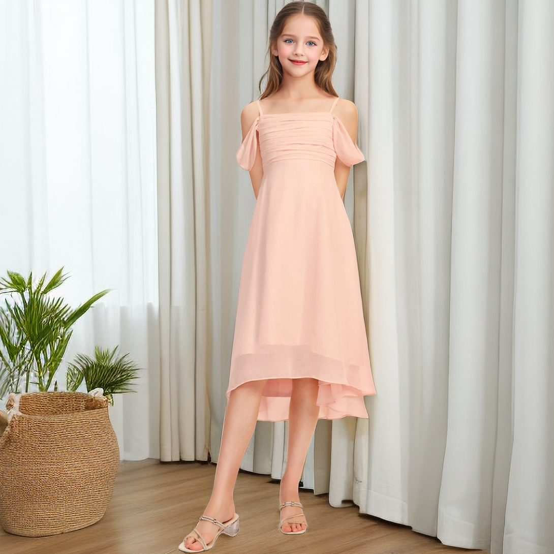 Cold Shoulder Chiffon Asymmetrical Knee-Length Junior Bridesmaid Dress/Girls Birthday Dresses With Pleated Girls Gidiondress as picture 12M