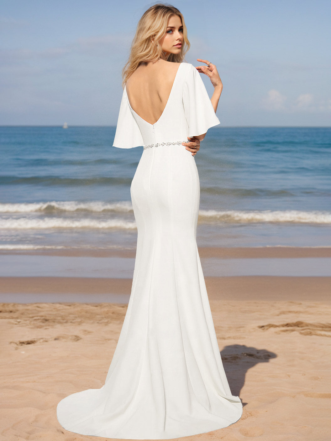 Mermaid/Trumpet V-Neck Half Sleeves Floor-Length Wedding Dresses with Sequins BabaMila