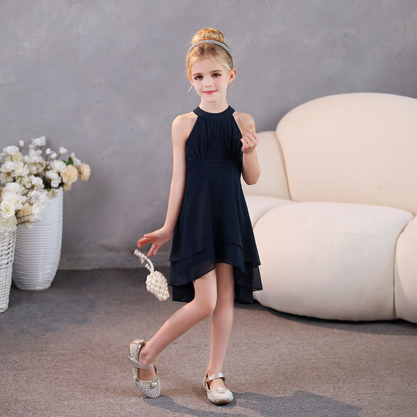Girls Birthday Dresses Halter Sleeveless Chiffon Asymmetrical Knee-Length Junior Bridesmaid Dress/Party Dresses With Pleated/Belt Gidiondress as picture 12M
