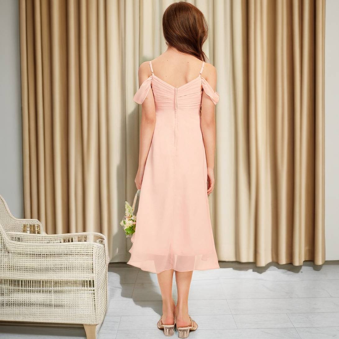 Cold Shoulder Chiffon Asymmetrical Knee-Length Junior Bridesmaid Dress/Girls Birthday Dresses With Pleated Girls Gidiondress